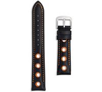 Bracelet de montre de sport en cuir Rally Noir | Perforé avec trous orange, rouge, jaune et blanc | millimètre 20, 22, 24 | Boucle argentée de rechange pour homme