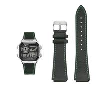 Bracelet de montre rétro en cuir de vache 18 mm à dégagement rapide for Casio G-Shock A158/A158W/A168/f91w/AE-1200/A159/A169/AE1300(Green silver pin)