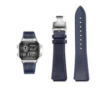 Bracelet de montre rétro en cuir de vache 18 mm à dégagement rapide for Casio G-Shock A158/A158W/A168/f91w/AE-1200/A159/A169/AE1300(Blue silver)