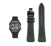 Bracelet de montre rétro en cuir de vache 18 mm à dégagement rapide for Casio G-Shock A158/A158W/A168/f91w/AE-1200/A159/A169/AE1300(Green black)
