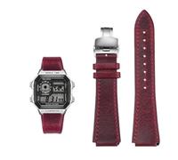 Bracelet de montre rétro en cuir de vache 18 mm à dégagement rapide for Casio G-Shock A158/A158W/A168/f91w/AE-1200/A159/A169/AE1300(Red silver)