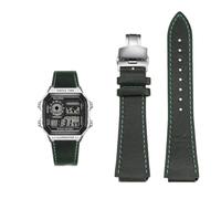 Bracelet de montre rétro en cuir de vache 18 mm à dégagement rapide for Casio G-Shock A158/A158W/A168/f91w/AE-1200/A159/A169/AE1300(Green silver)