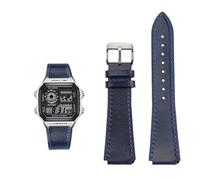 Bracelet de montre rétro en cuir de vache 18 mm à dégagement rapide for Casio G-Shock A158/A158W/A168/f91w/AE-1200/A159/A169/AE1300(Blue silver pin)