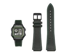 Bracelet de montre rétro en cuir de vache 18 mm à dégagement rapide for Casio G-Shock A158/A158W/A168/f91w/AE-1200/A159/A169/AE1300(Green black pin)