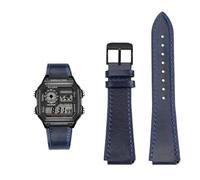 Bracelet de montre rétro en cuir de vache 18 mm à dégagement rapide for Casio G-Shock A158/A158W/A168/f91w/AE-1200/A159/A169/AE1300(Blue black pin)