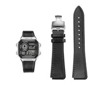 Bracelet de montre rétro en cuir de vache 18 mm à dégagement rapide for Casio G-Shock A158/A158W/A168/f91w/AE-1200/A159/A169/AE1300(Black silver)