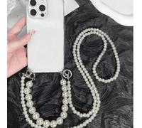 Bracelet de perles à la mode + Étui de téléphone avec collier de perles croisé de 1,2 m, compatible avec iPhone 16 15 14 13 12 11 Pro Max Plus, coque arrière transparente antichoc, convient aux femmes