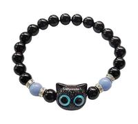 Bracelet de perles chat mignon for femmes hommes bijoux d'amitié lumineux brillent dans le noir agate bracelet tissé à la main(Black)