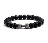 Bracelet de Perles en Pierre Naturelle Fait À La Main Unisexe, Pierre Précieuse Noire Mate Brillante avec Breloque Haltère, Bracelet de Fitness Élégant et Charmant Noir Mat 8 mm