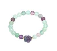 Bracelet de Perles en Pierre Naturelle Fait Main pour Femme, Bracelet Extensible en Fluorite Verte et Violette de 8mm avec Breloque en Forme de Rose Sculptée, Bracelet de Yoga Tendance Bohème de 8m