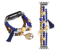 Bracelet de perles en pierre naturelle pour Apple Watch - Bracelet extensible fait à la main avec perles de cristal et pompon compatible avec les modèles Apple Watch de 38 mm, 40 mm, 41 mm (O)