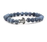 Bracelet de Perles Fossiles de Vent Noir de 8mm Bracelet Sur Le Thème de L'Océan Bracelet Extensible Bracelet à Breloques en Argent Avec Tortue de Mer pour Hommes Femmes Filles Bracelet de Mode
