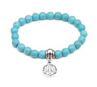 Bracelet de Perles Turquoise 8mm Pendentif Lotus en Argent Bracelet de Perles de Bouddha Unisexe Perles de Pierre Naturelle Bracelet Extensible Mode Pierre Naturelle Bracelet de Perles Rondes pour