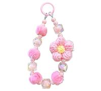 Bracelet de poignet en perles, porte-clés à breloques pour téléphone portable, avec fleur en laine et boules en peluche, pendentif de sac, dragonne de poignet pour smartphone, Siehe Beschreibung