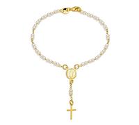 Bracelet De Prière En Perles De Rosée Blanches Avec Une Croix De Perles Simulées Représentant La Vierge Marie La Mère Protectrice Pour Les Femmes Plaqué Or 18 Carats En Laiton Mesure 7,5 Pouces