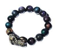 Bracelet de richesse en obsidienne noire, Bracelet en obsidienne, bracelet Feng Shui Piyao, perle ronde naturelle arc-en-ciel, talisman cristal, protège la chance, l'amour, l'argent, prospérité(10mm)