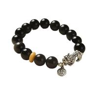 Bracelet de richesse Feng Shui en obsidienne noire Bracelet en obsidienne, pendentif porte-bonheur Pi Xiu en argent ambré, pièce ancienne sculptée à la main, bracelet élastique, talisman spirituel for