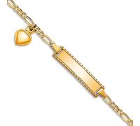 Bracelet d'identification en or jaune 14 carats poli 15 centimètres Figaro avec cœur pour adolescent Fermoir mousqueton 5 mm de large