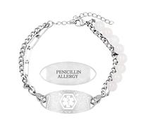 Bracelet d'identification médical pour allergie à la pénicilline en pierre blanche et perles - Bracelet d'alerte d'urgence personnalisable en acier inoxydable à double chaîne pour femmes ajustable