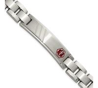 Bracelet d'identification médicale en acier inoxydable brossé et émail rouge poli de 12 mm 21 cm - Cadeau idéal pour maman, taille unique, Métal Acier inoxydable Émail Métal Acier inoxydable, Pas de