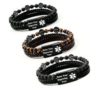 Bracelet d'identification médicale pour homme en cuir tressé avec œil de tigre/onyx/pierre de lave, gravure ou code QR d'identification d'urgence, parfait pour anniversaire et fête des pères, One Size
