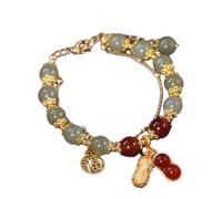 Bracelet double chaîne jade imitation bracelet rétro élégant bijoux main femme titane ensemble de boucles d'oreilles, taille unique, Verre, Pas de gemme