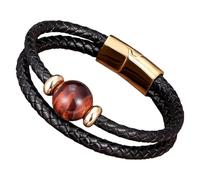 Bracelet Double Couche En Cuir Noir Tressé Pour Homme Et Femme, Orné D'Une Pierre Précieuse Naturelle Ronde, Avec Fermoir Magnétique. Bracelet Tendance Pour Homme, Œil De Tigre Rouge Et Or, 23