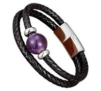 Bracelet Double Couche En Cuir Tressé Noir Pour Homme Et Femme, Orné D'Une Pierre Précieuse Naturelle Ronde, Style Corde, Fermoir Magnétique, Bracelet Tendance Pour Homme, Couleur Améthyste Bla