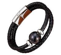 Bracelet Double Couche En Cuir Tressé Noir Pour Homme Et Femme, Orné D'Une Pierre Précieuse Naturelle Ronde. Bracelet Multicouche Avec Fermoir Magnétique. Bracelet Tendance Pour Homme, Noir, Ony