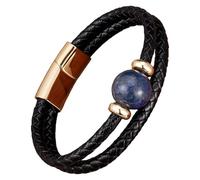 Bracelet Double Couche En Cuir Tressé Noir Pour Homme Et Femme, Orné D'Une Pierre Précieuse Naturelle Ronde, Avec Fermoir Magnétique. Bracelet Tendance Pour Homme, Lapis-Lazuli Et Or, 19 Cm.