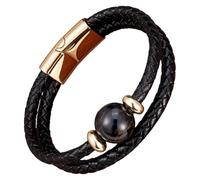 Bracelet Double Couche En Cuir Tressé Noir Pour Homme Et Femme, Orné D'Une Pierre Précieuse Naturelle Ronde. Bracelet Multicouche Avec Fermoir Magnétique. Bracelet Tendance Pour Homme, Noir, Ony
