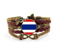 Bracelet Drapeau De Thaïlande - Bracelet Tissé En Cuir Tressé Fait Main Multicouche,Bracelets Papillon Drapeau Dôme En Verre Réglable,Cadeau Souvenir De Pays Pour Hommes Femmes,Marron,17+5Cm