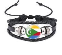 Bracelet Drapeau Des Comores - Motif Drapeau Africain Avec Pendentif En Verre Et Cuir Multicouche Tissé Réglable, Bijoux Populaires, Accessoires Patriotiques Pour Femmes Et Ho