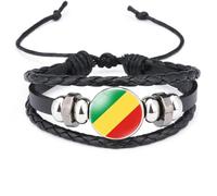 Bracelet Drapeau du Congo (Brazzaville) - Bracelets Nationaux Africains Réglables en Cuir Noir Tissés À La Main, Bijoux Accessoires Cadeaux pour Hommes Femmes Adolescents, Tai