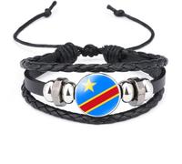 Bracelet Drapeau du Congo (Rdc) - Bracelets Nationaux Africains Réglables en Cuir Noir Tissés À La Main, Bijoux Accessoires Cadeaux pour Hommes Femmes Adolescents, Taille Uniq