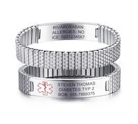 Bracelet d'urgence personnalisé SOS pour homme - Bracelet élastique en acier inoxydable avec gravure nom, numéro de téléphone, diabète, allergie, épilepsie, alarme médicale pour hommes et adultes