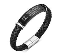 Bracelet d'urgence personnalisé SOS pour homme - Bracelet en cuir avec gravure nom, numéro de téléphone, bracelet d'alerte médicale, diabète, allergie, épilepsie pour hommes, Acier inoxydable, No