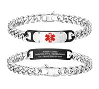 Bracelet d'urgence personnalisé SOS pour homme - Chaîne gourmette en acier inoxydable - Bracelet d'alerte médicale avec gravure nom, numéro de téléphone, informations d'urgence, diabète, allergie