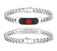 Bracelet d'urgence personnalisé SOS pour homme - Chaîne gourmette en acier inoxydable - Bracelet d'alerte médicale avec gravure nom, numéro de téléphone, informations d'urgence, diabète, allergie