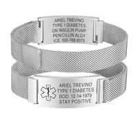 Bracelet d'urgence SOS ID - Personnalisable - En acier inoxydable - Réglable - Avec gravure diabète, épilepsie, allergie, numéro de téléphone - Pour homme, femme et adulte, 15.0 - 21.3 centimeters