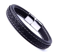 Bracelet élégant en cuir véritable pour homme Fermoir en acier inoxydable 316L Noir
