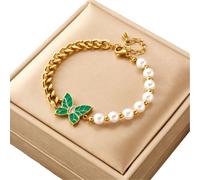 Bracelet en acier chirurgical 316L avec détails de perles et papillon en or, longueur 16 cm + 5 cm d'extension, plaqué or 18k