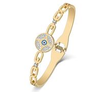 Bracelet en acier inoxydable plaqué or 18 carats avec strass ronds et mauvais œil - Bijoux amusants pour femme - Cadeau idéal, Medium, Acier inoxydable, Cristal