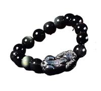 bracelet en argent， bracelet en chaîne Bracelet Feng Shui Pixiu, Fortune financière, Bracelet de richesse en obsidienne arc-en-ciel mexicain, Bracelet élastique, Talisman de pierres précieuses naturel