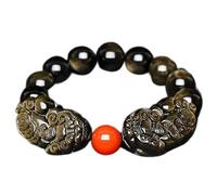 bracelet en argent， bracelet en chaîne Feng Shui Richesse Bracelet en obsidienne dorée naturelle Double Pixiu Attirer l'argent Bonne chance politique Fortune Talisman Paix Prospérité Oeil de tigre dor