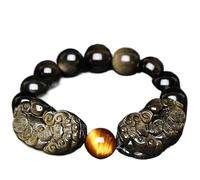 bracelet en argent, bracelet en chaîne Feng Shui Richesse Bracelet en obsidienne dorée naturelle Double Pixiu Attirer l'argent Bonne chance politique Fortune Talisman Paix Prospérité Oeil de tigre dor