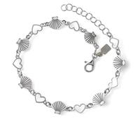 Bracelet en argent massif 925, 17,5 cm. Coquillages du Chemin de Saint-Jacques-de-Compostelle, 7 mm. Cœurs ajourés, 6 mm.