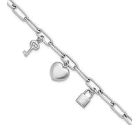 Bracelet en argent sterling 925 plaqué rhodium 13,3 mm avec serrure en forme de cœur et clé CZ imitation diamant trombone 19 cm pour femme