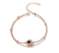 Bracelet en Argent Sterling S925 Chaîne Double Couche Pendentif Rond Mémoire Langues Projection 100 Langues Expression Je t'aime Bracelet pour Femme avec Zircone Cubique Or Rose Robinets ménagers