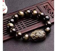 Bracelet en cristal Feng Shui naturel Lucky Dragon Turtle Charm Balance Bracelet Rainbow Eye Obsidienne Golden Obsidian Beaded Amulet Attirer l'argent prospérité Chance, or, 16 mm (Couleur : Gris, S
